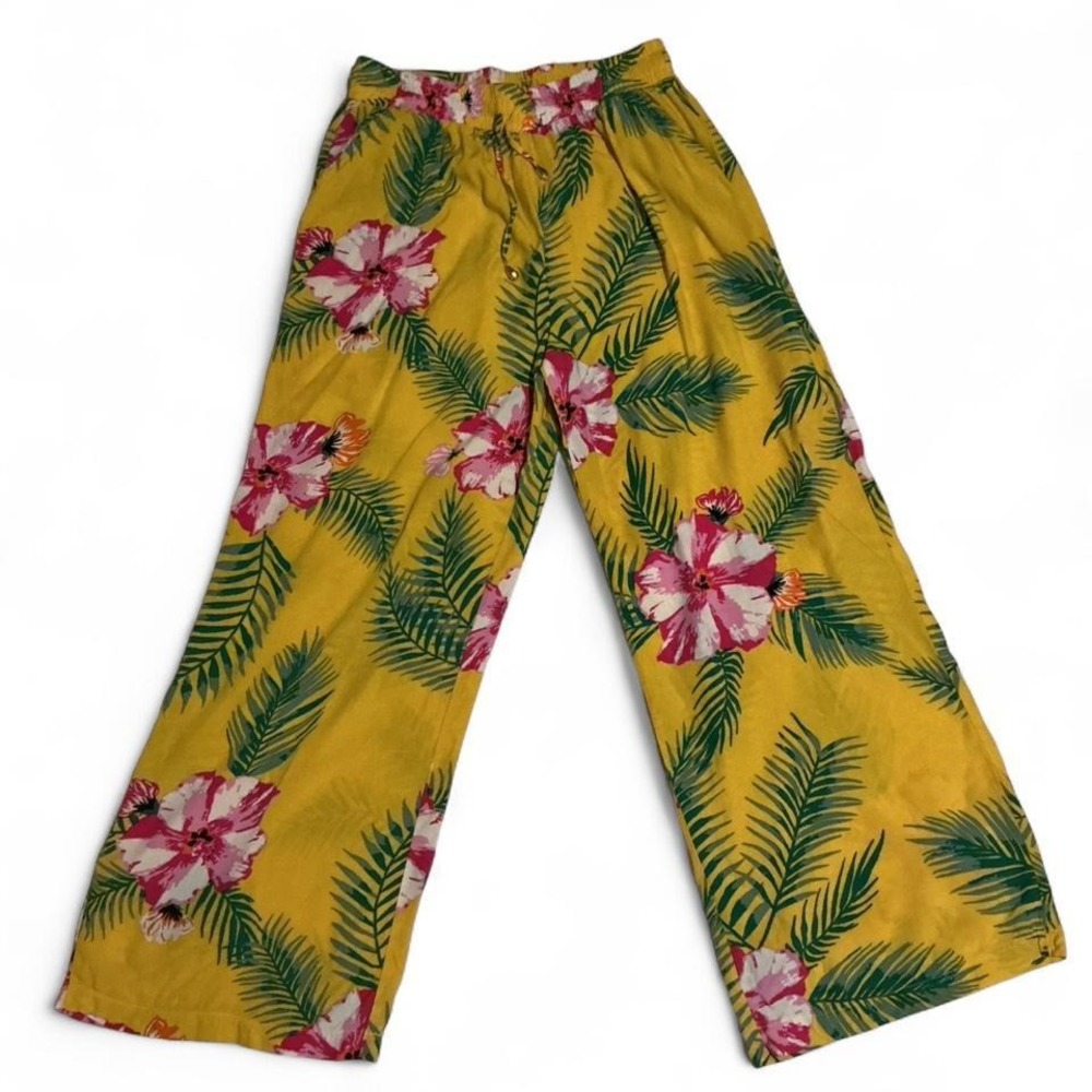 Indero Wide Leg Pants Womens L Yellow Excellent Tropical Hibiscus Print Boho